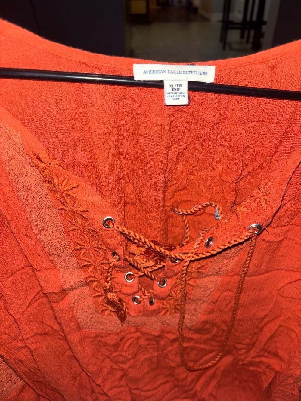 American Eagle Outfitters Lace-Up Top Size XL Orange Boho Blouse